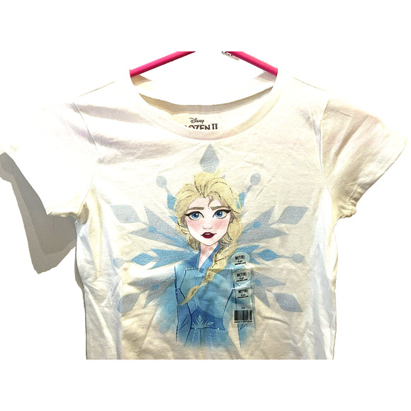 NWT Girl’s Disney Elsa Frozen White and Blue Cotton Poly Tee Shirt Large 10 12 - Picture 3 of 4